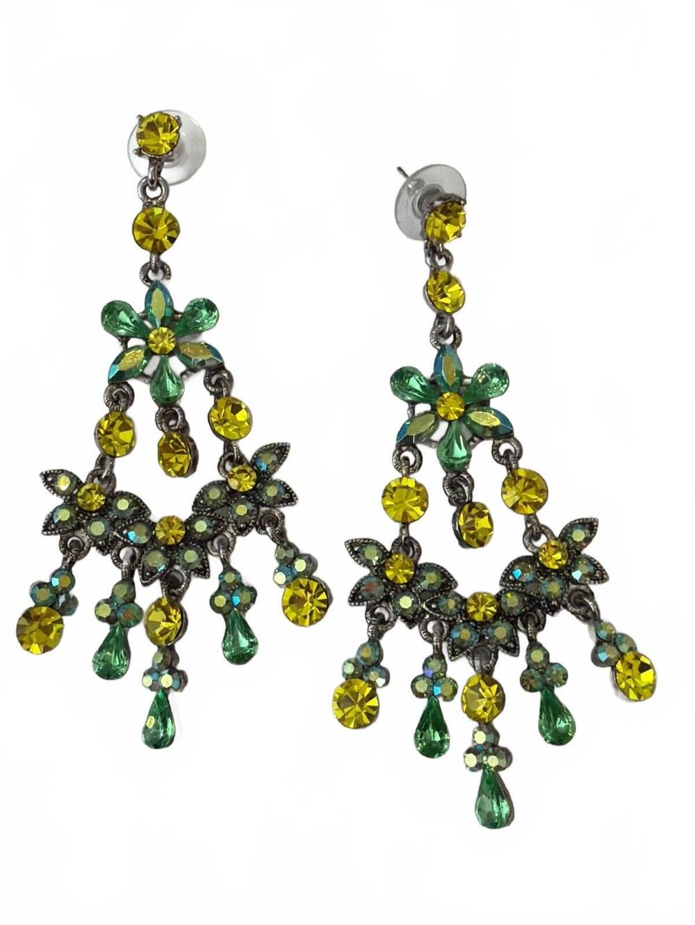 Vintage Signed SNK Chandelier Earrings Green Yellow Rhinestone Floral Drops